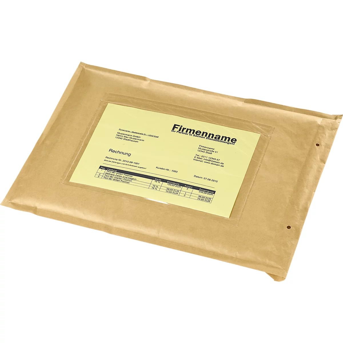 Brown envelope with an invoice visible through a window. The invoice says "Firmenname".