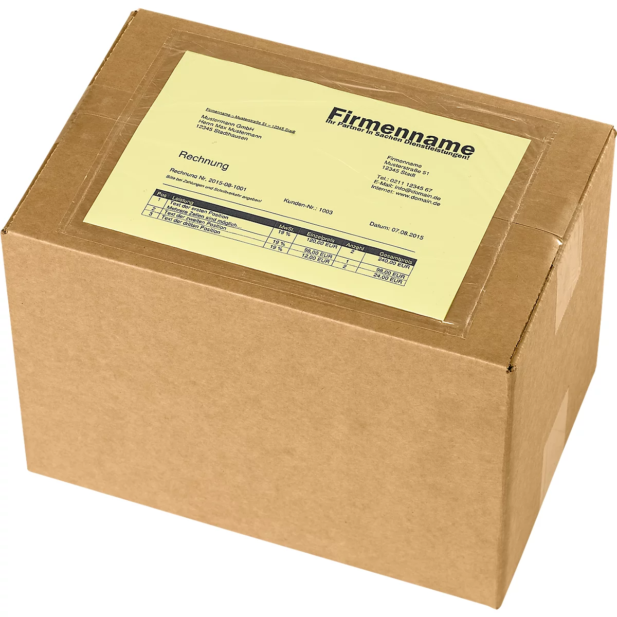 A cardboard box with a yellow invoice sticker.