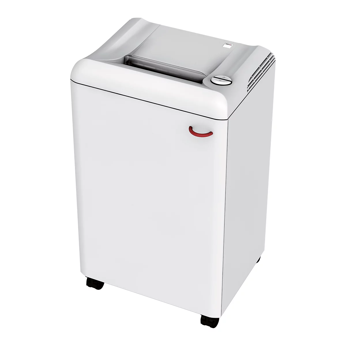 White shredder with light grey lid and red handle, standing on small wheels.