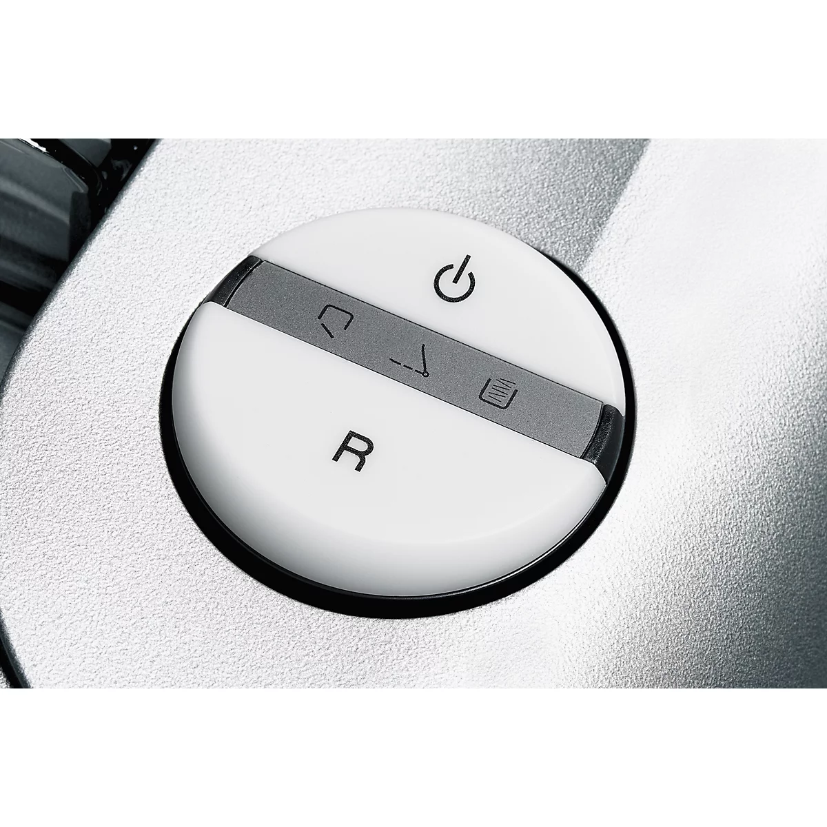 White, round rotary knob with symbols, including an on-off symbol.