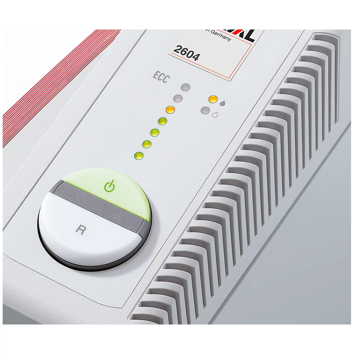 Close-up of a white electronic device with buttons, lights and vents. It has a green power button and illuminated LED indicators.