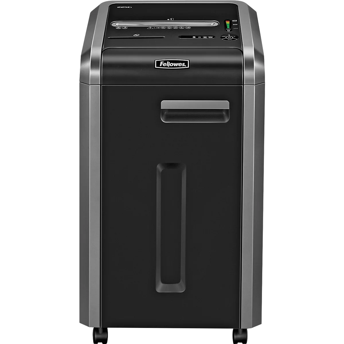Paper shredder with control panel and logo. Black body with silver sides and rollers.