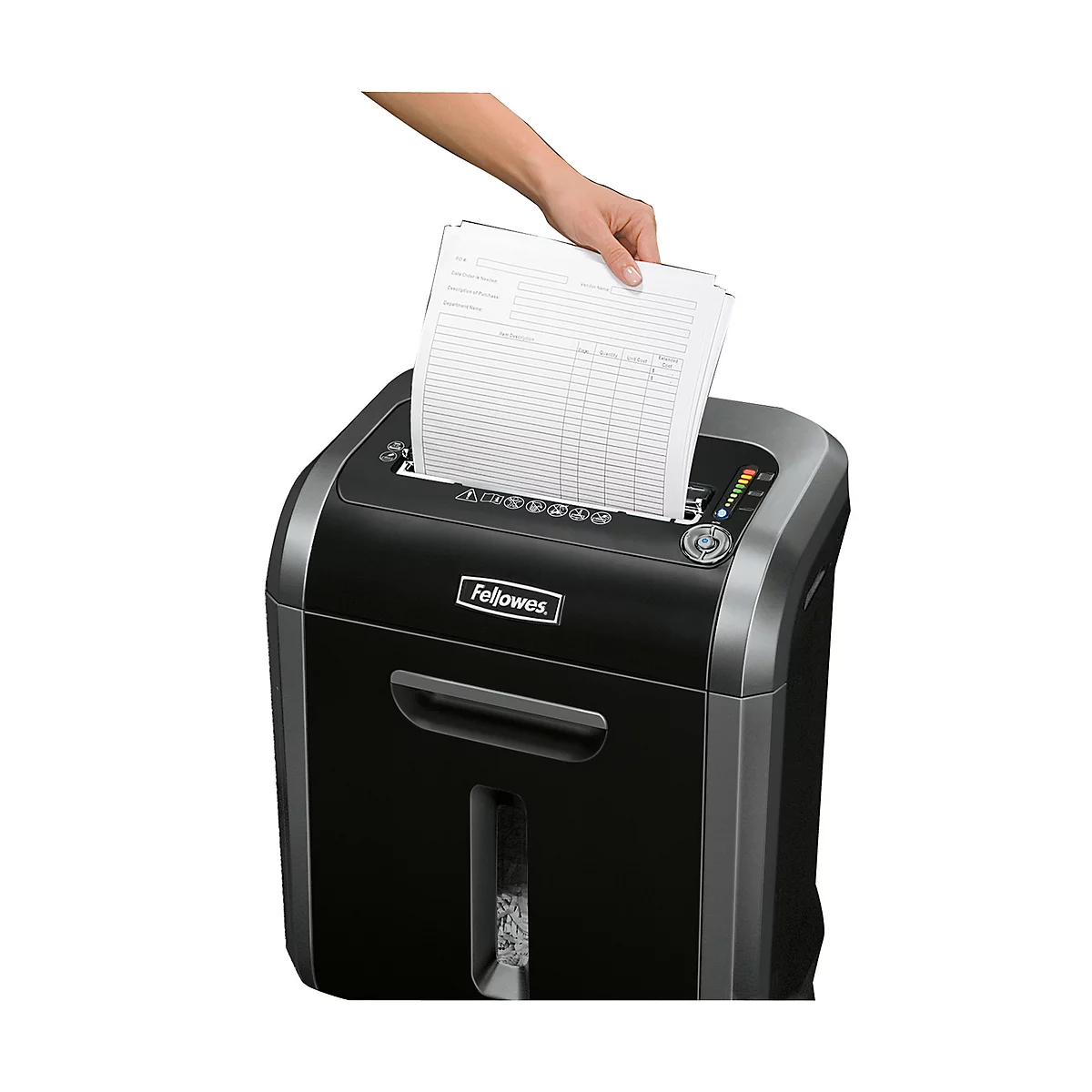 A hand inserts papers into a black shredder. The shredder has a control panel and the "Fellowes" logo.