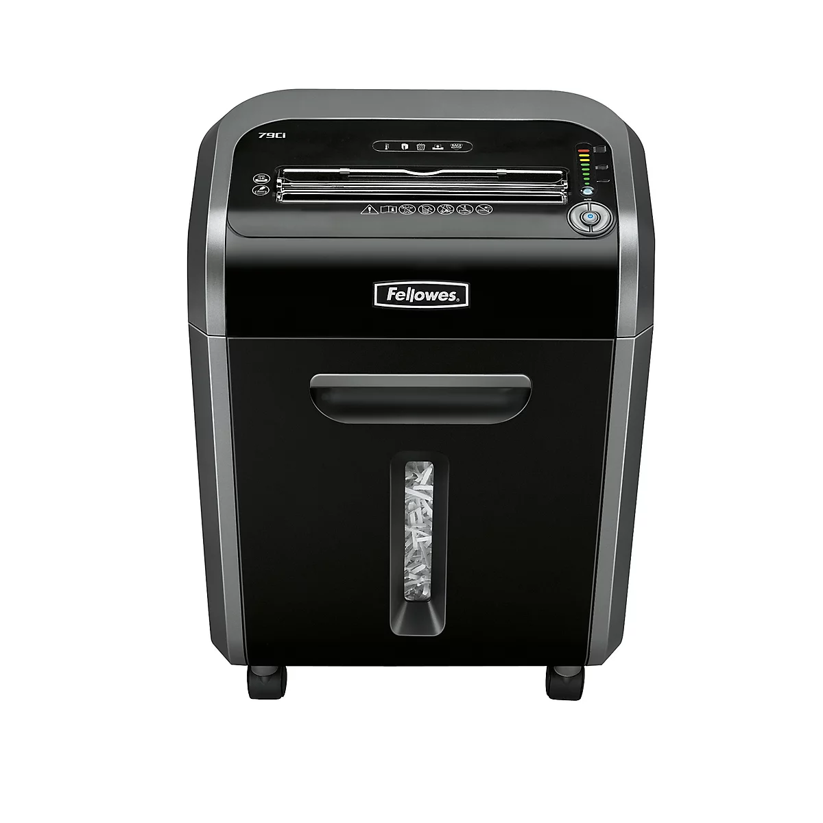 Black paper shredder with control panel, paper output and transparent container containing crumpled paper.