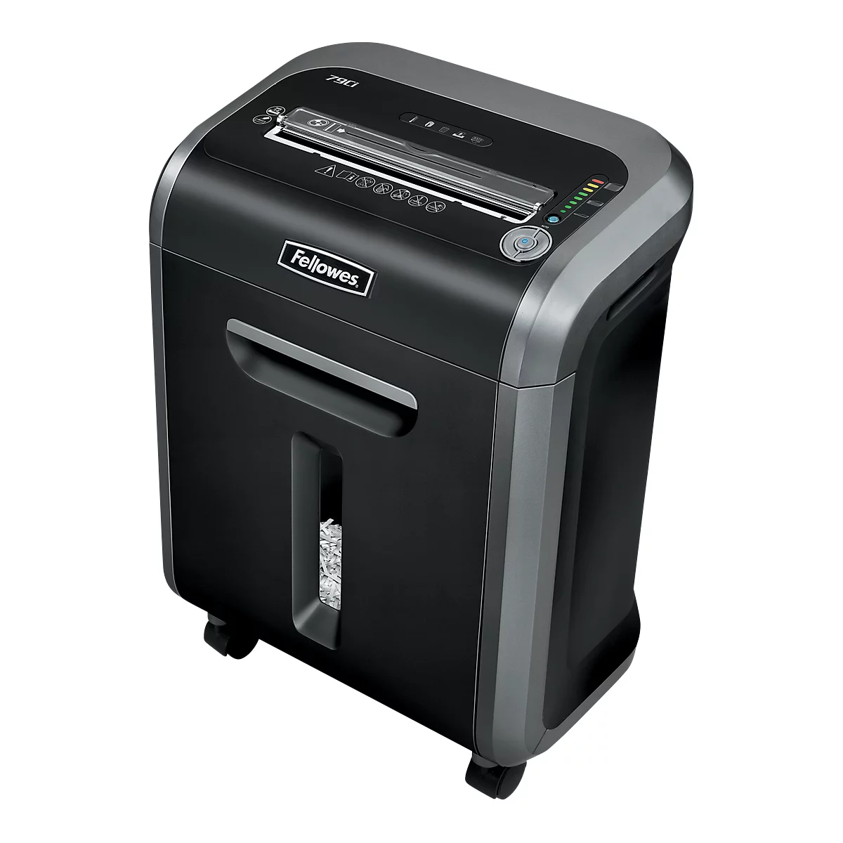 Black paper shredder with silver accents. Fellowes brand, paper shreds visible in the window. On wheels.