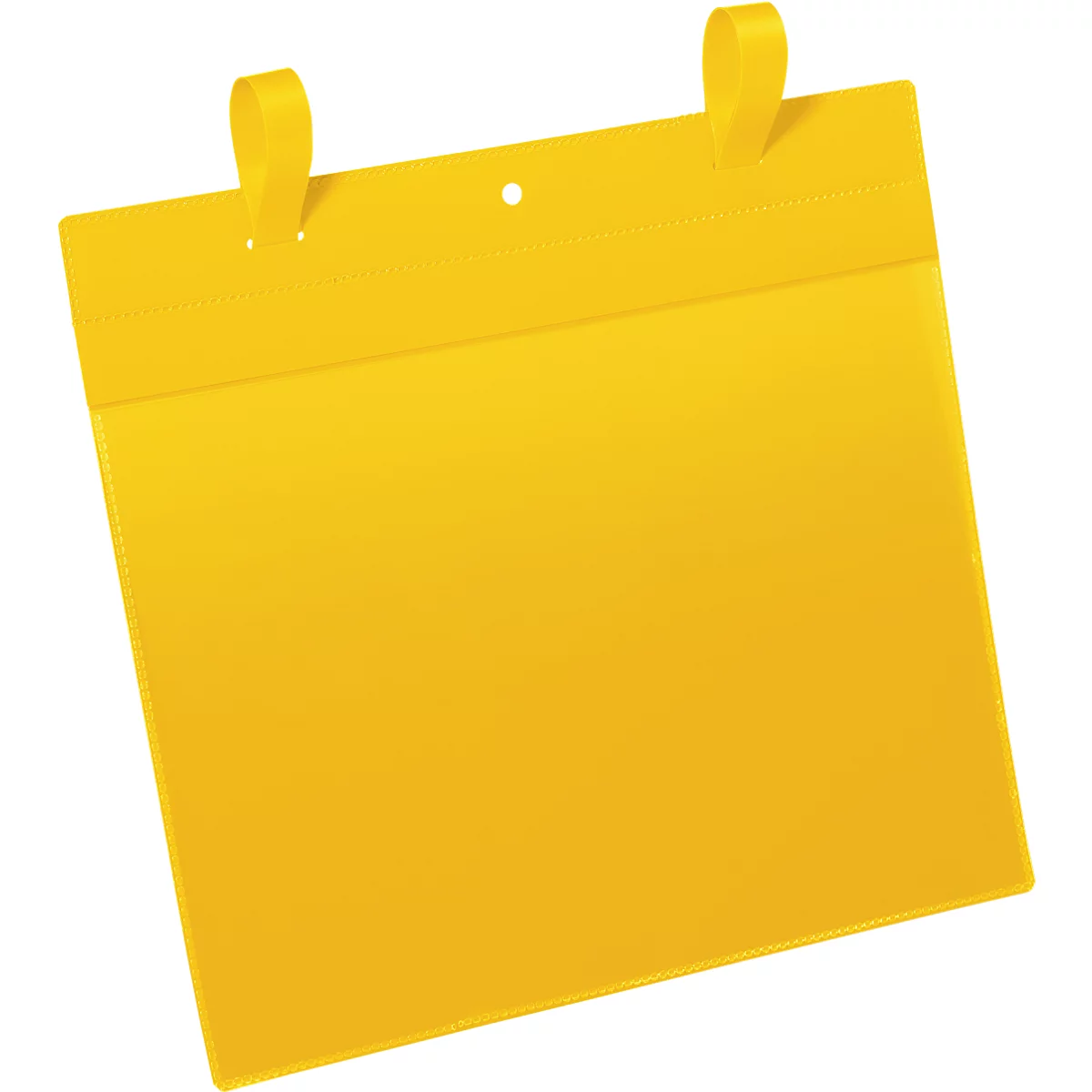 Yellow, rectangular transparent sleeve with loops. Two loops at the top for hanging.