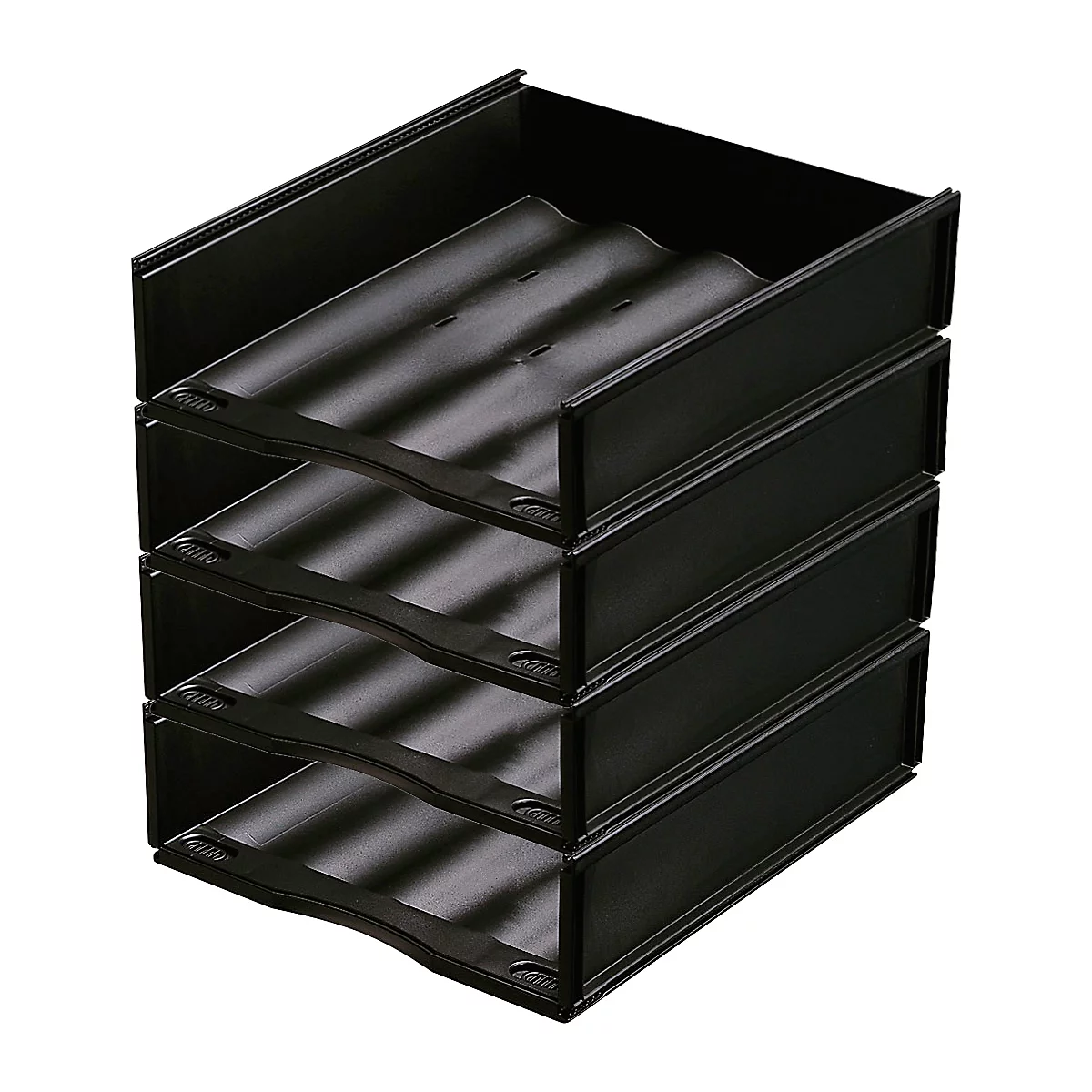 Black, stacked file rack with four compartments. Each compartment is corrugated and has a narrow, raised edge.