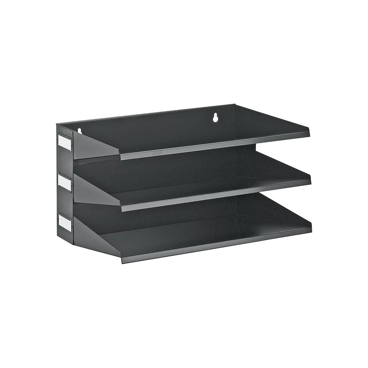 Black wall-mounted shelf with three compartments. White label holders are attached to the left side.