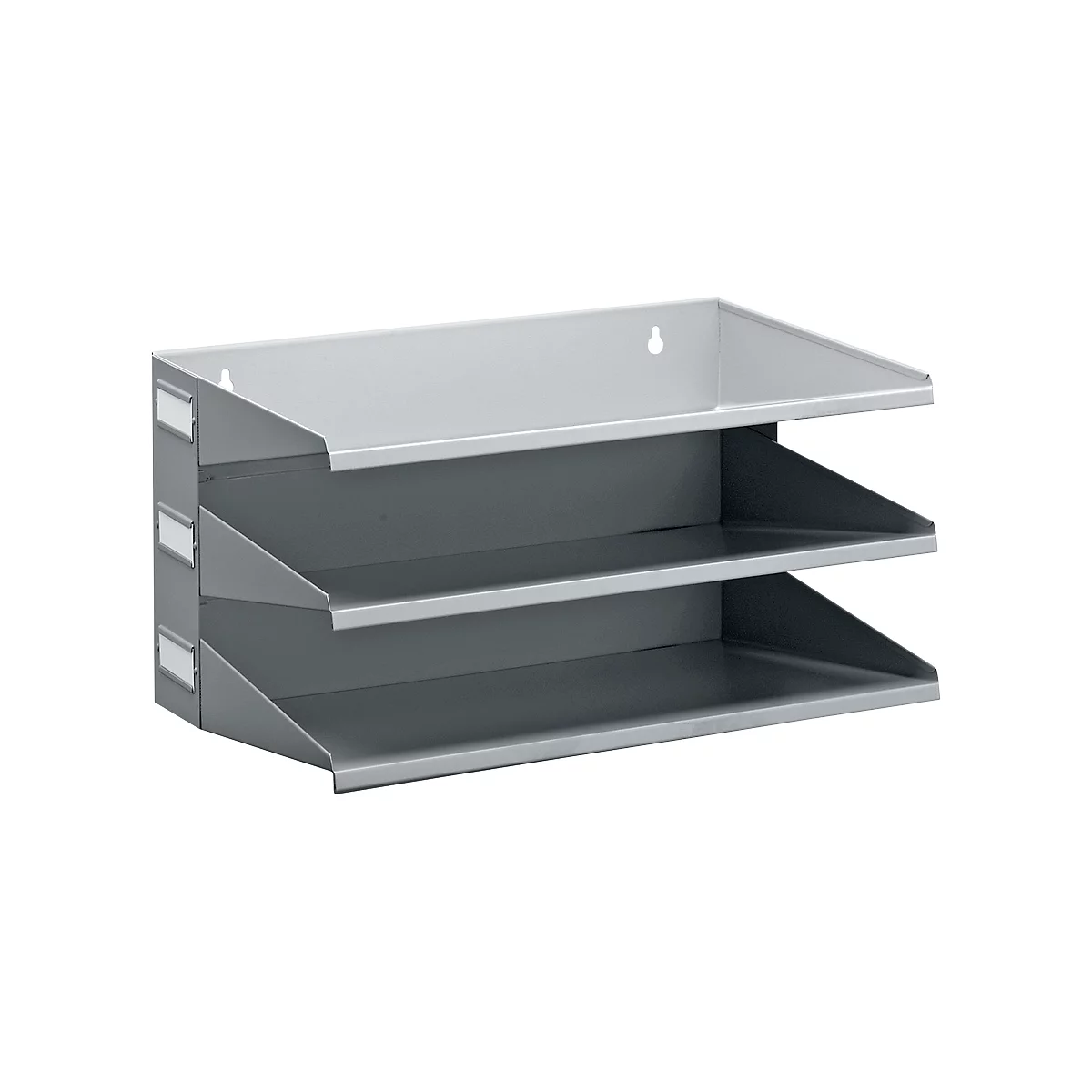 Gray metal document holder with three levels, for wall mounting.