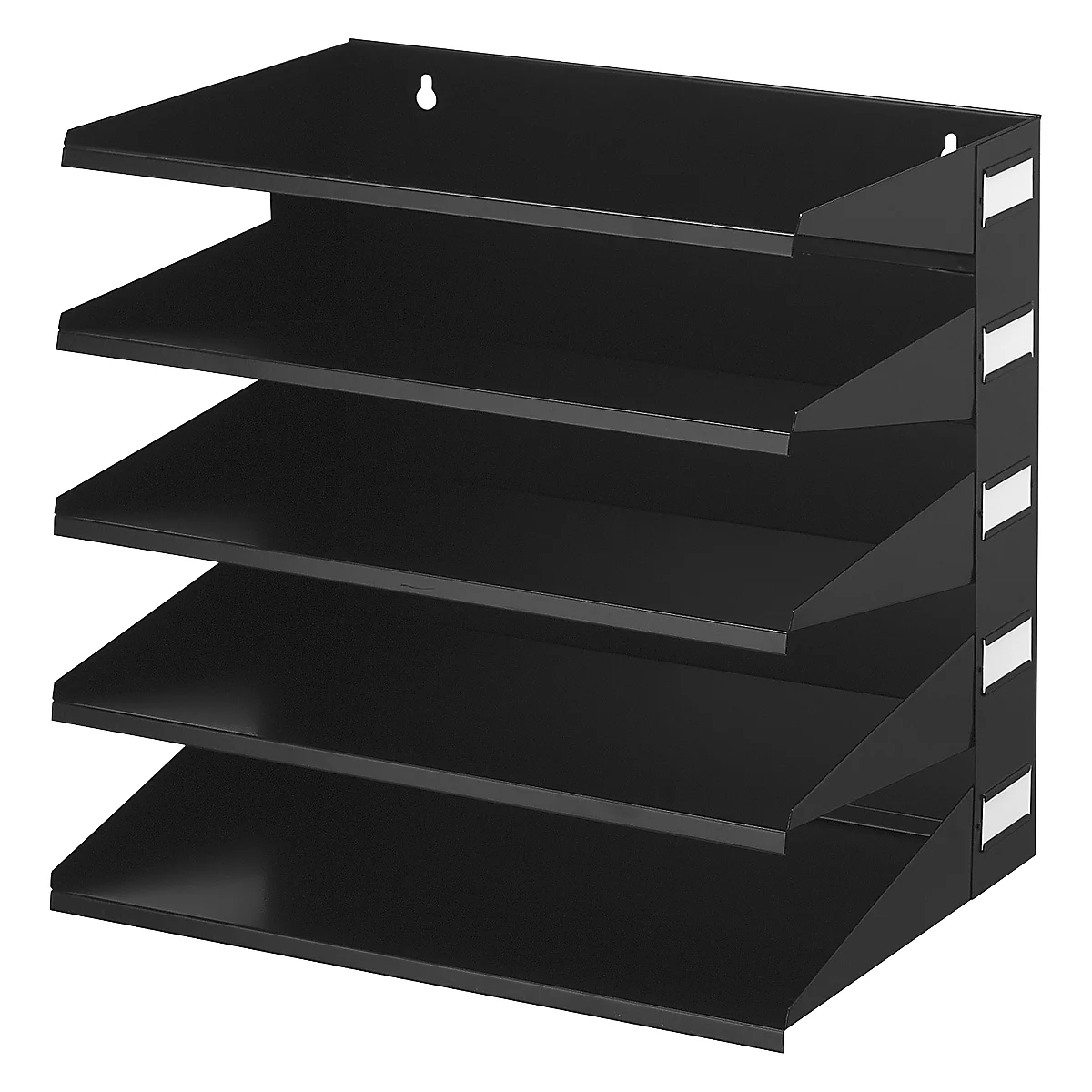 Black wall-mounted organizer with five compartments. White labels on the side.