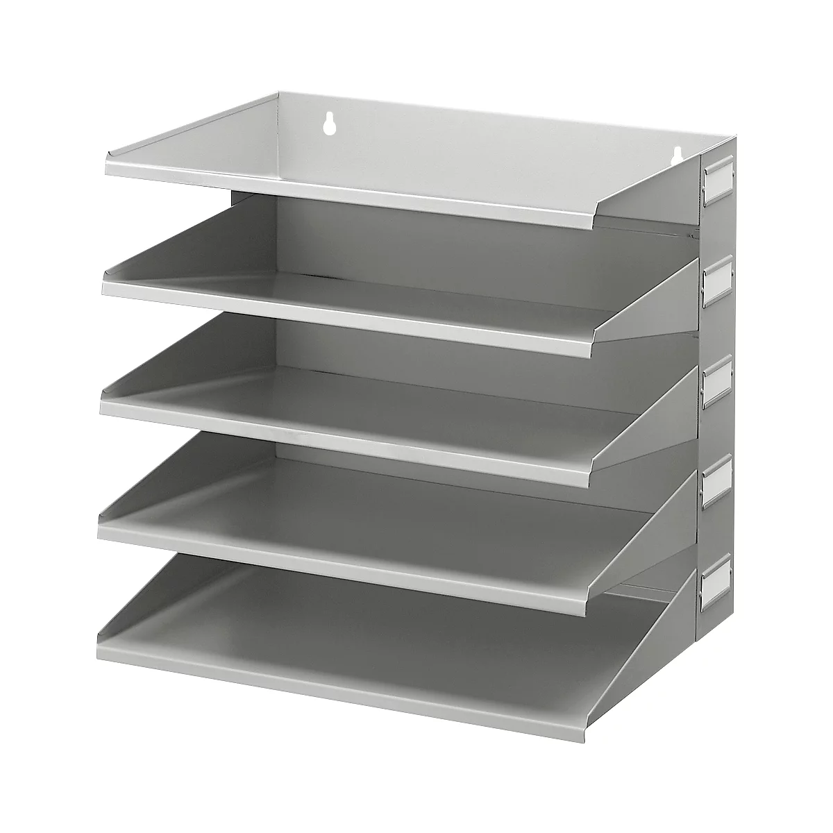 Grey wall-mounted letter tray with five compartments, labels, and hanging fixtures.