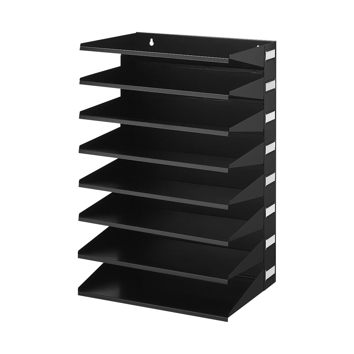 Black wall letter holder with seven compartments. White stripes on the side.