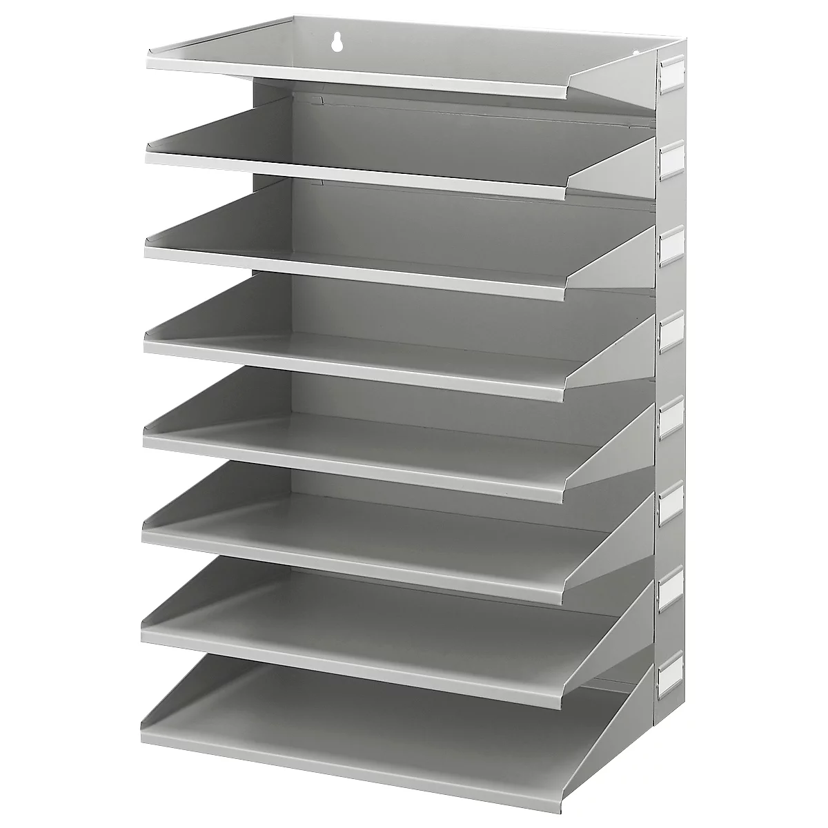 Gray wall shelf with multiple compartments. Small white labels are attached to the side.