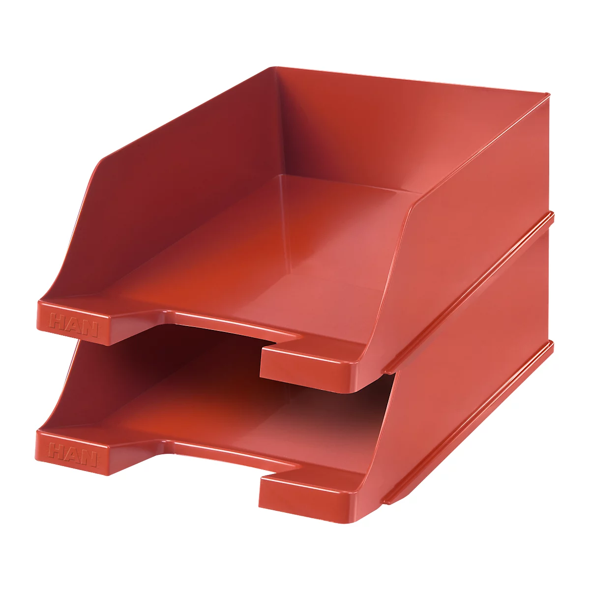 Red two-tier document tray. "HAN" is printed on the rim.