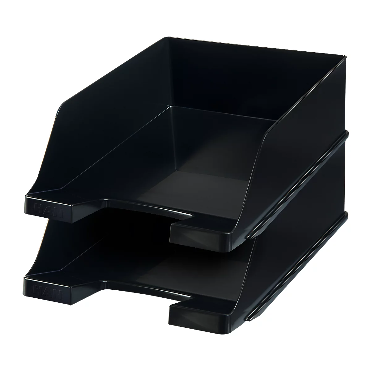 Two black paper trays stacked on top of each other. They are suitable for filing paper.