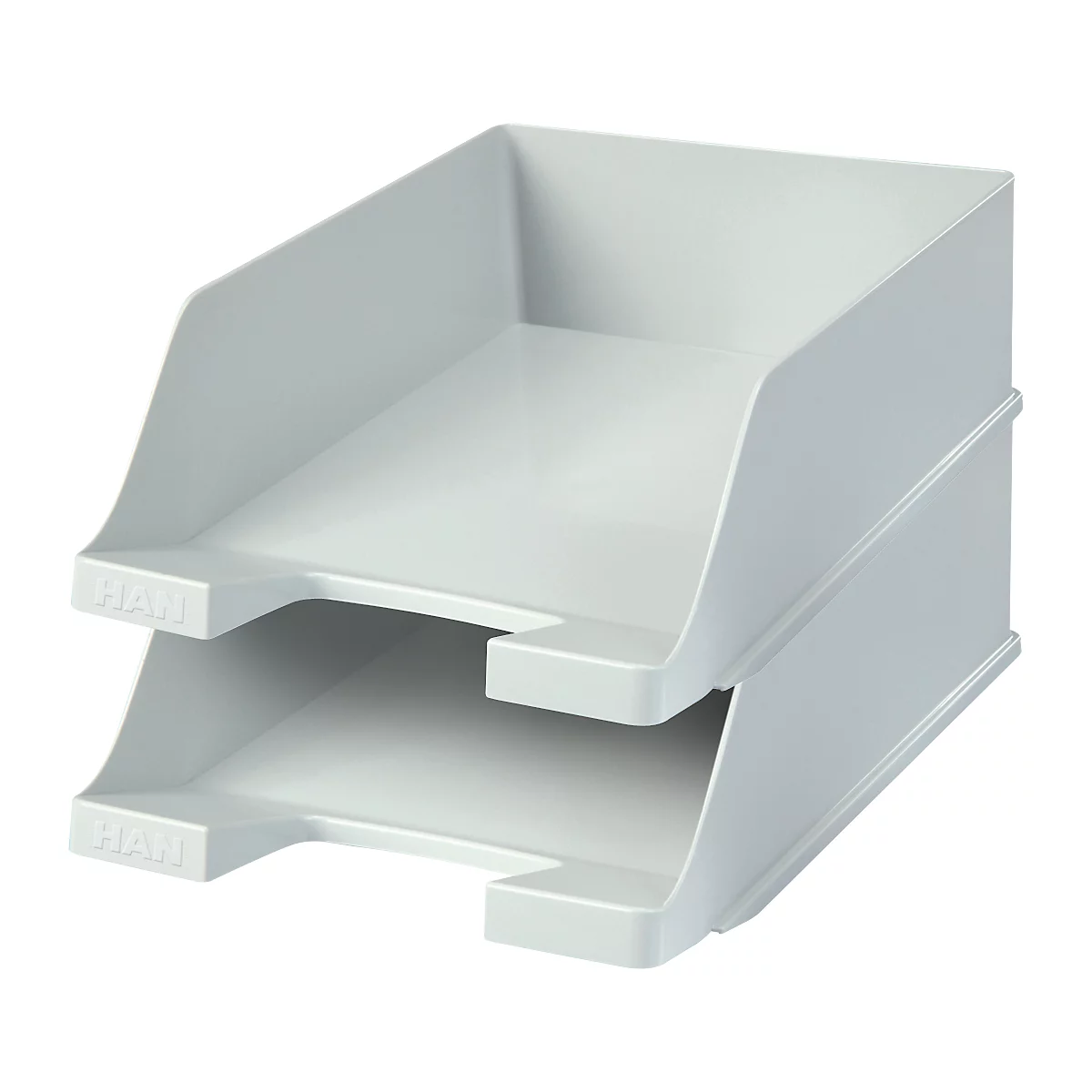 Light gray plastic paper tray, two compartments on top of each other, with the inscription HAN.