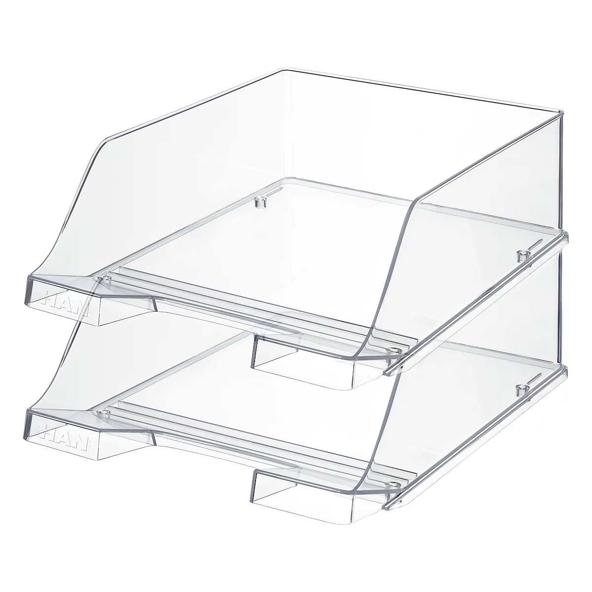 Transparent, stackable desk letter tray with two compartments. Text: HAN.