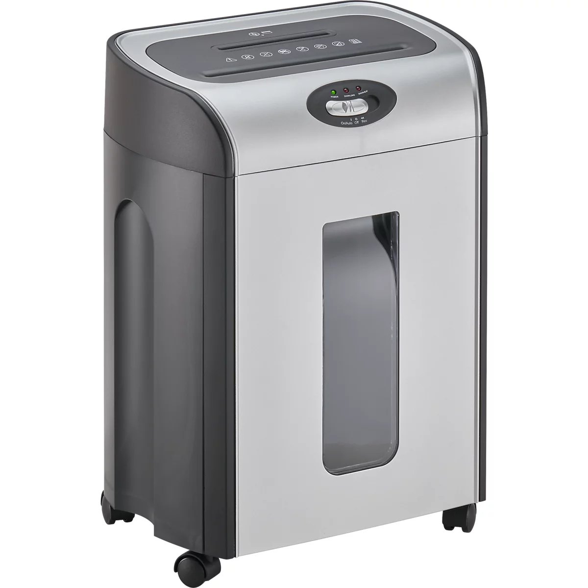 Grijze en zwarte papierversnipperaar met wielen en een kijkvenster.