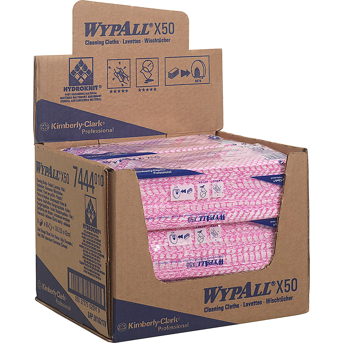Doekjes WypAll® X50, B 247 x L 418 mm, Interfold, voedselveilig, 6 x 50 stuks, rood