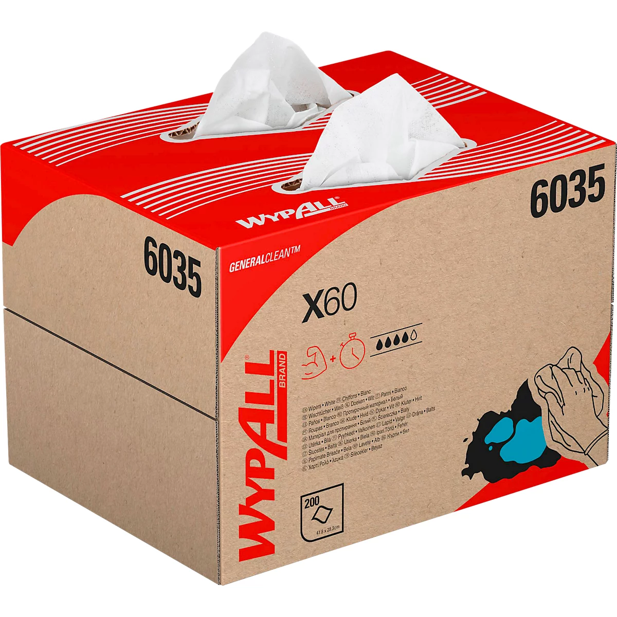 Doekjes WypAll® X60, B 318 x L 430 mm, in BRAG™ doos, 200 stuks, wit