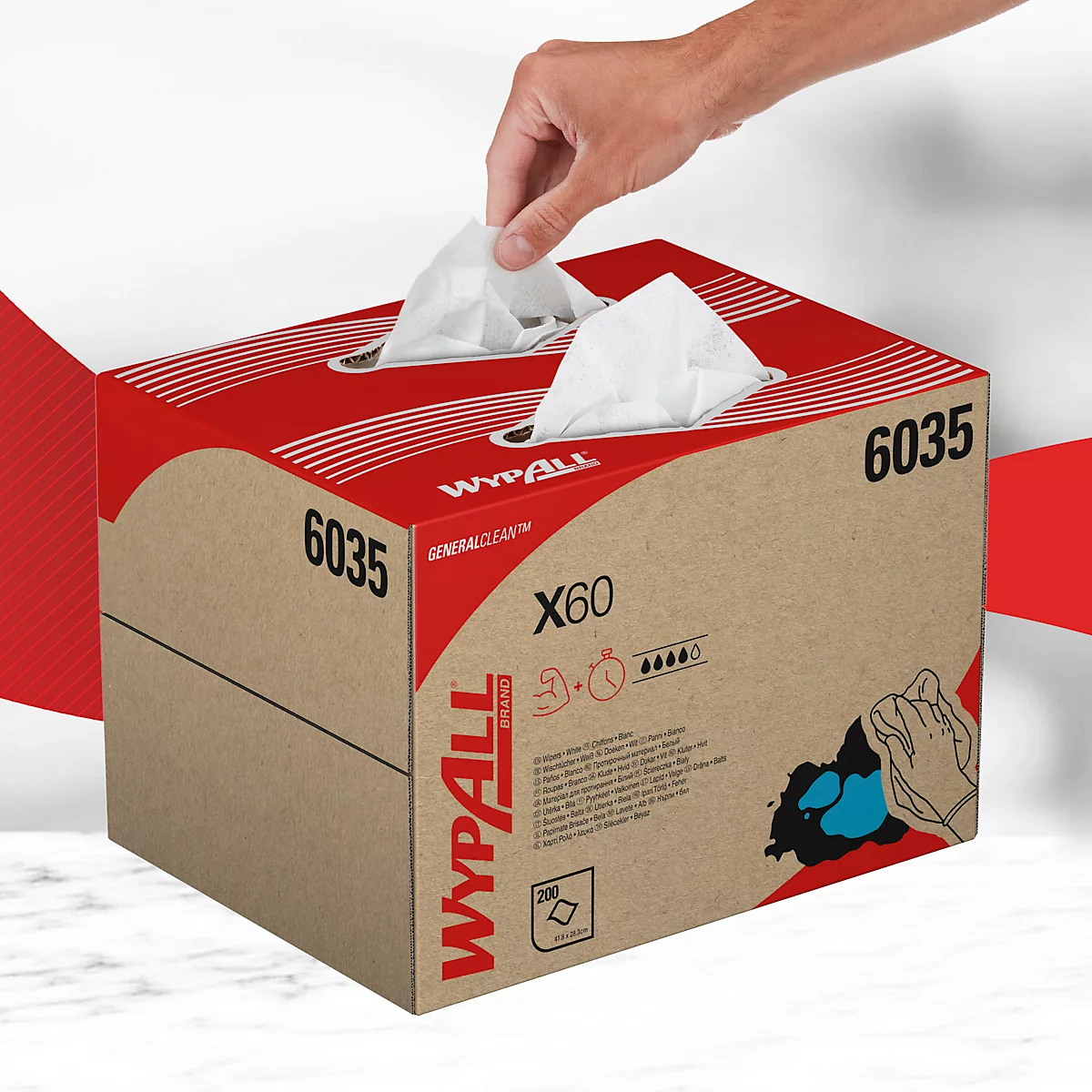 Doekjes WypAll® X60, B 318 x L 430 mm, in BRAG™ doos, 200 stuks, wit