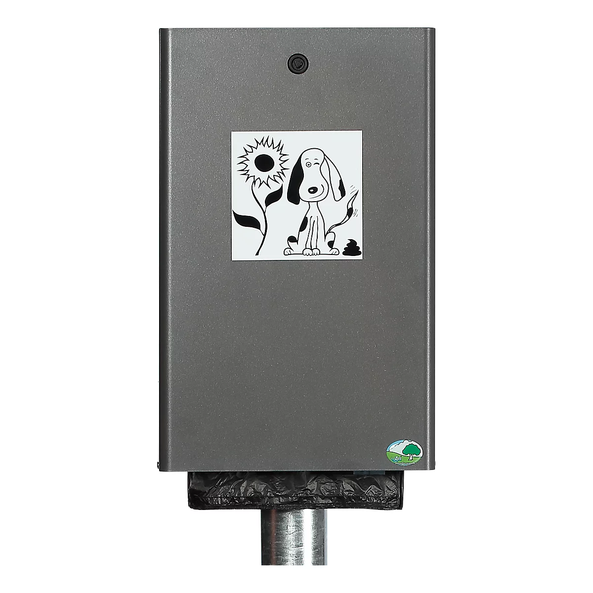 Gray dog waste bag dispenser. Sticker with a dog and a sunflower. Black bags below. Button on top.