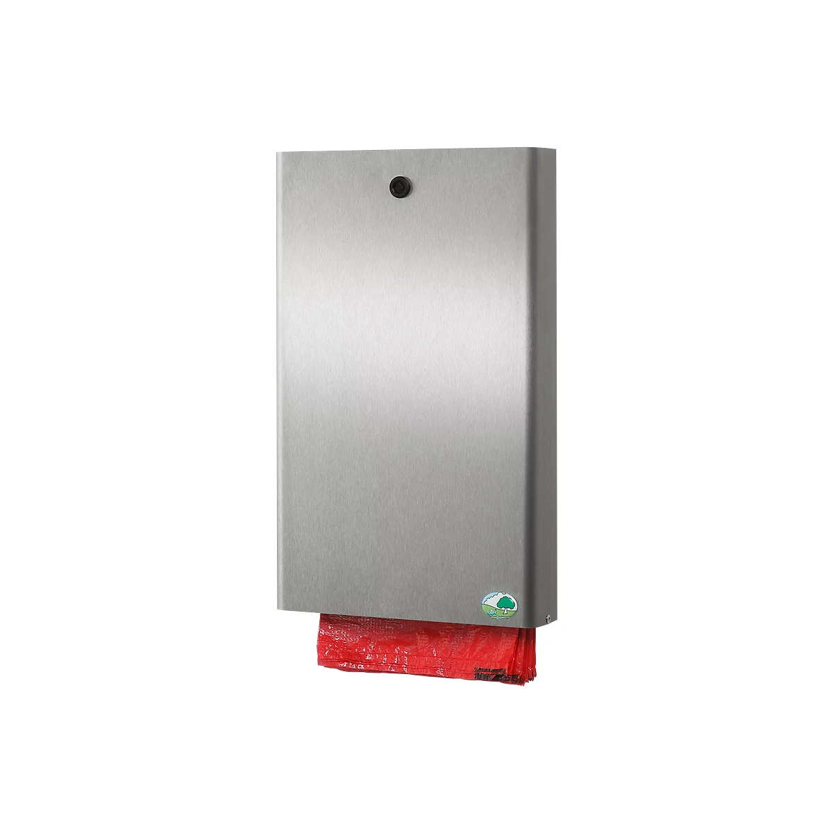 Grey, metallic waste bin. Red plastic bags are hanging out at the bottom. There's a black button at the top.