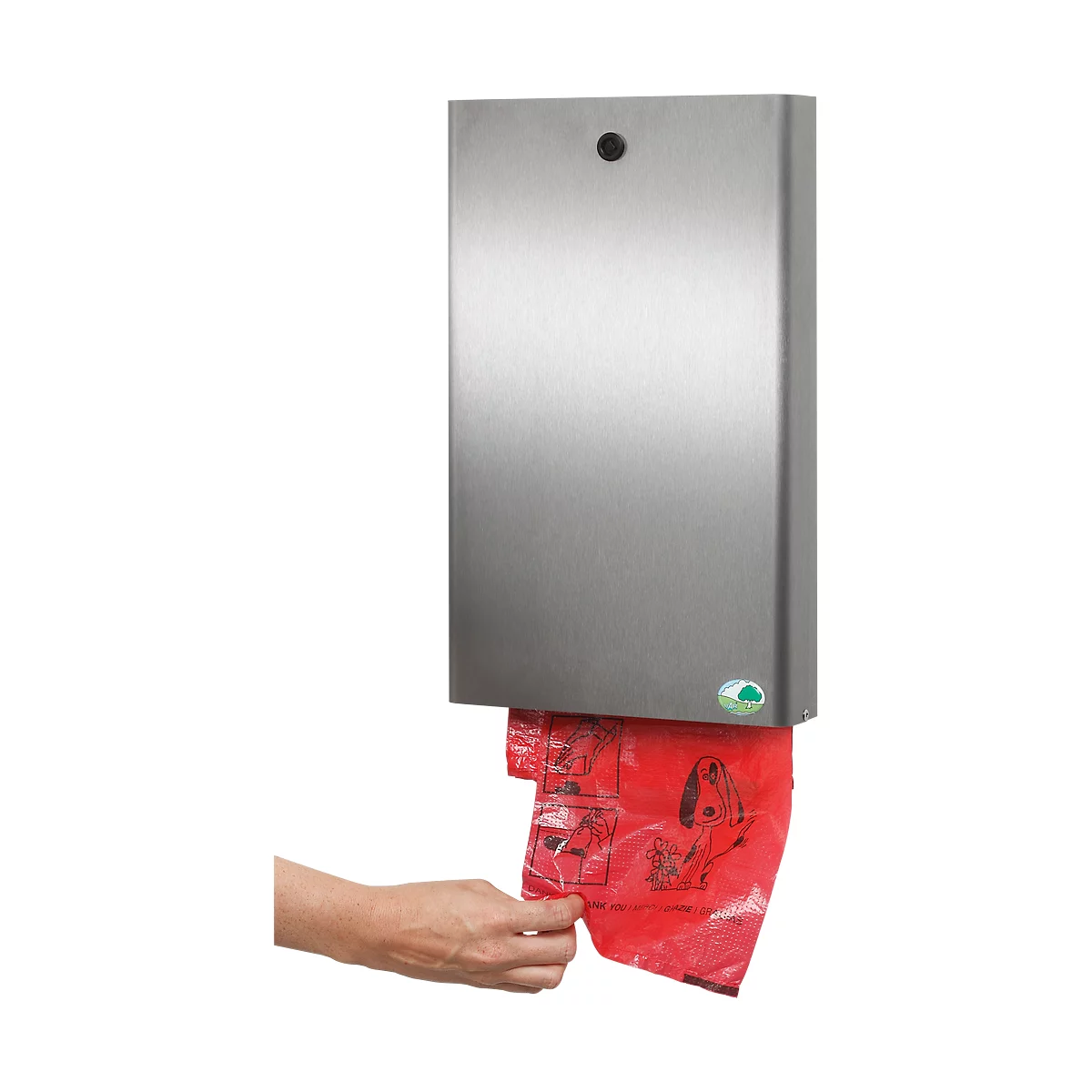 A person removes a red bag from a metal dispenser for dog waste bags.
