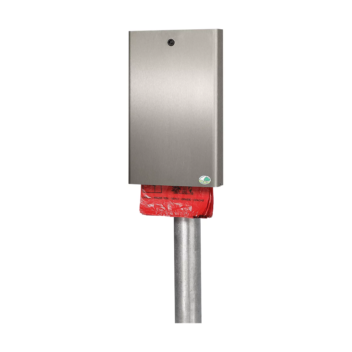 A metal dog waste bag container with a red bag. It is attached to a metal pipe.