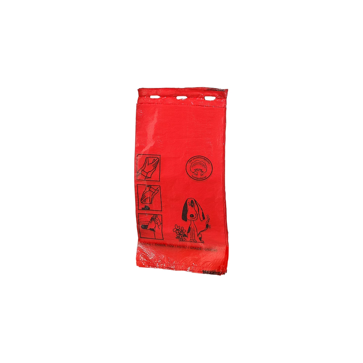 Red dog poop bag. It shows pictograms, a dog with flowers, and text.