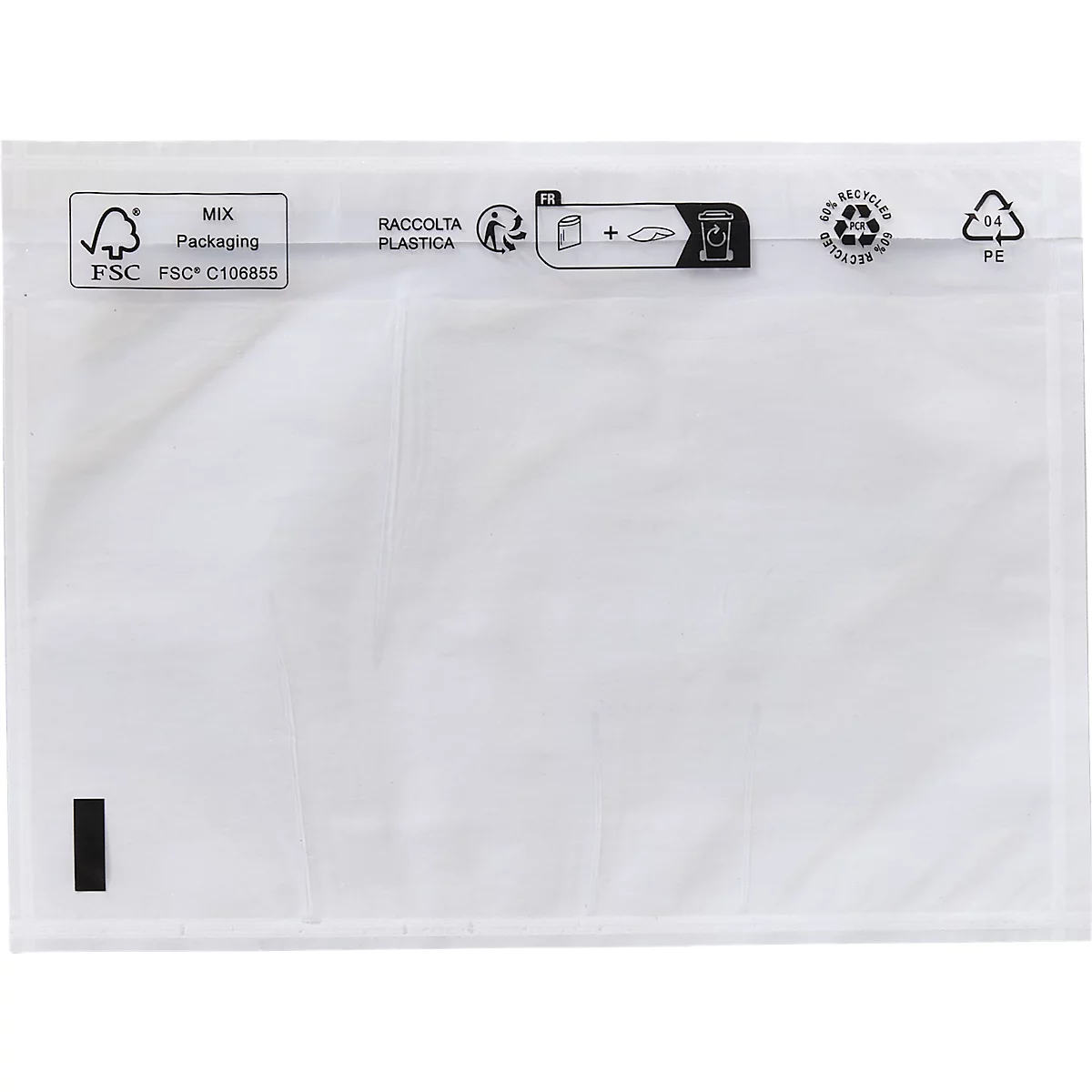 Halbtransparente Versandtasche aus Kunststoff mit FSC-Logo und Recycling-Symbolen.