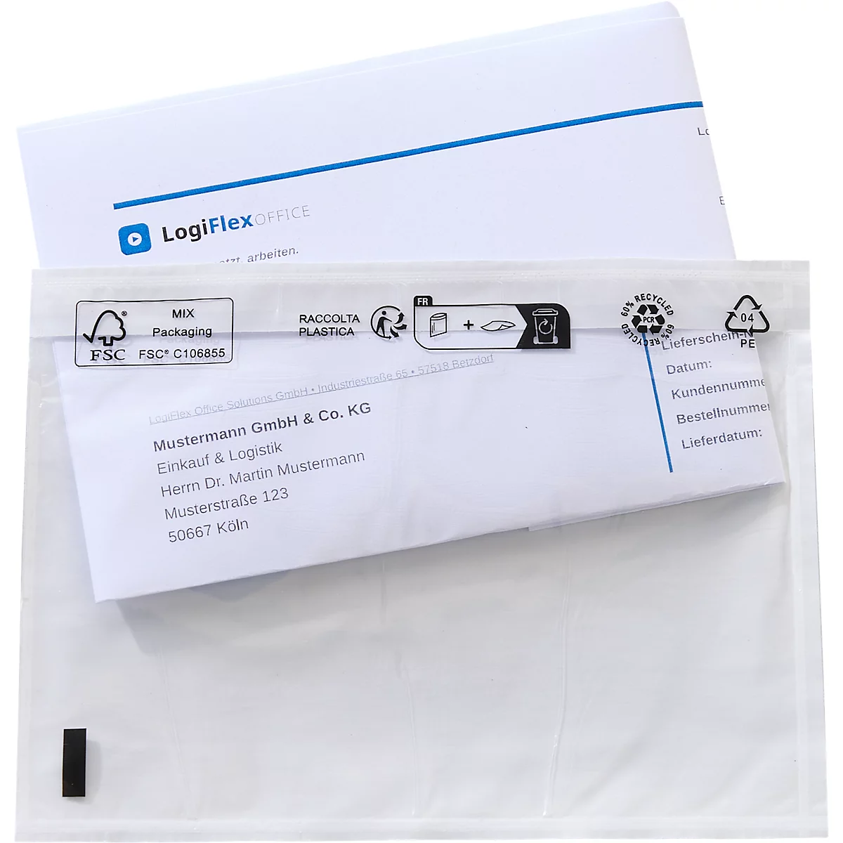 Ein weißer Versandtaschen-Umschlag mit LogiFlex Office Logo, der ein Dokument mit Adressdaten enthält.