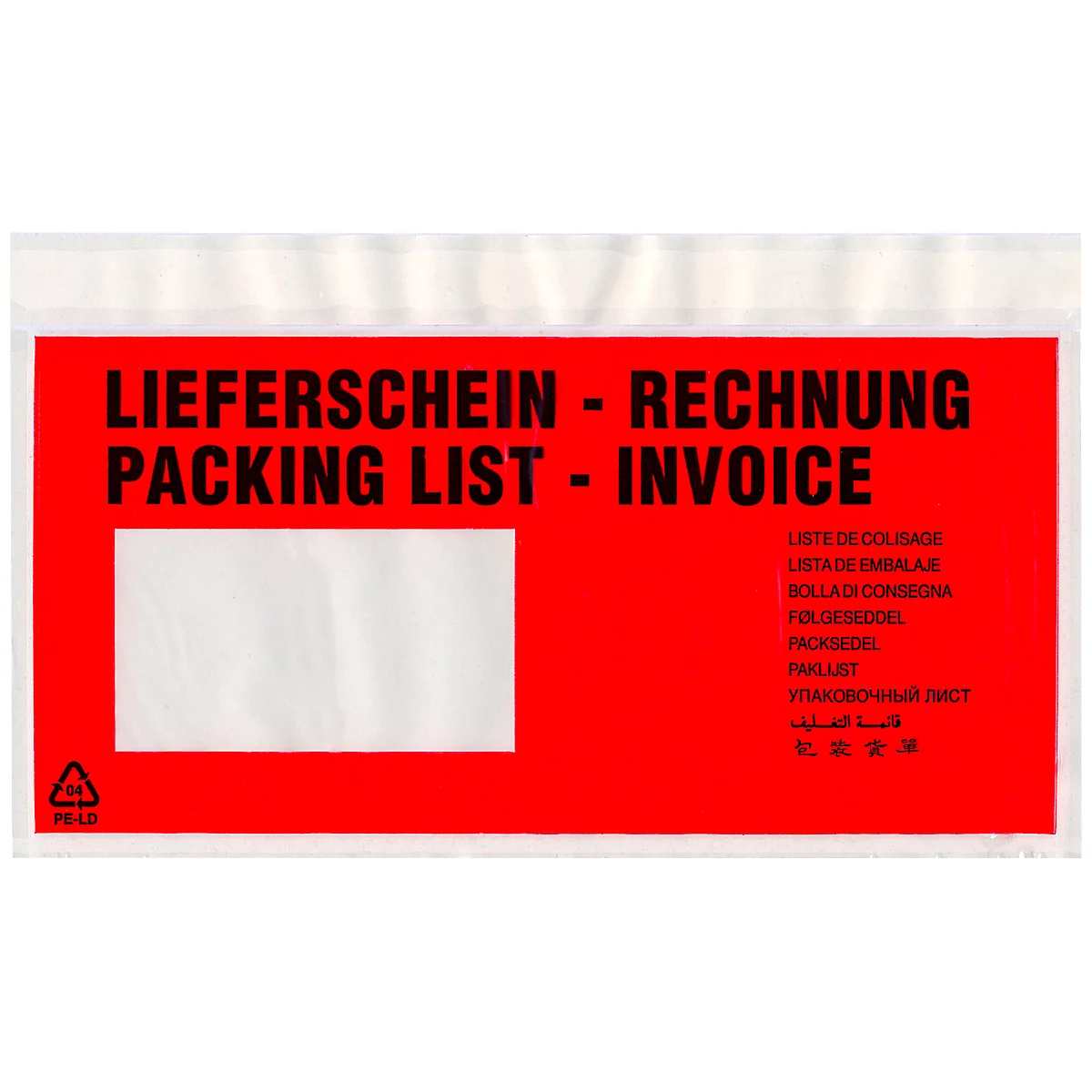Rote Versandtasche mit schwarzen Schriftzügen: Lieferschein, Rechnung, Packing List, Invoice. Ein weißes Feld, Text in verschiedenen Sprachen.