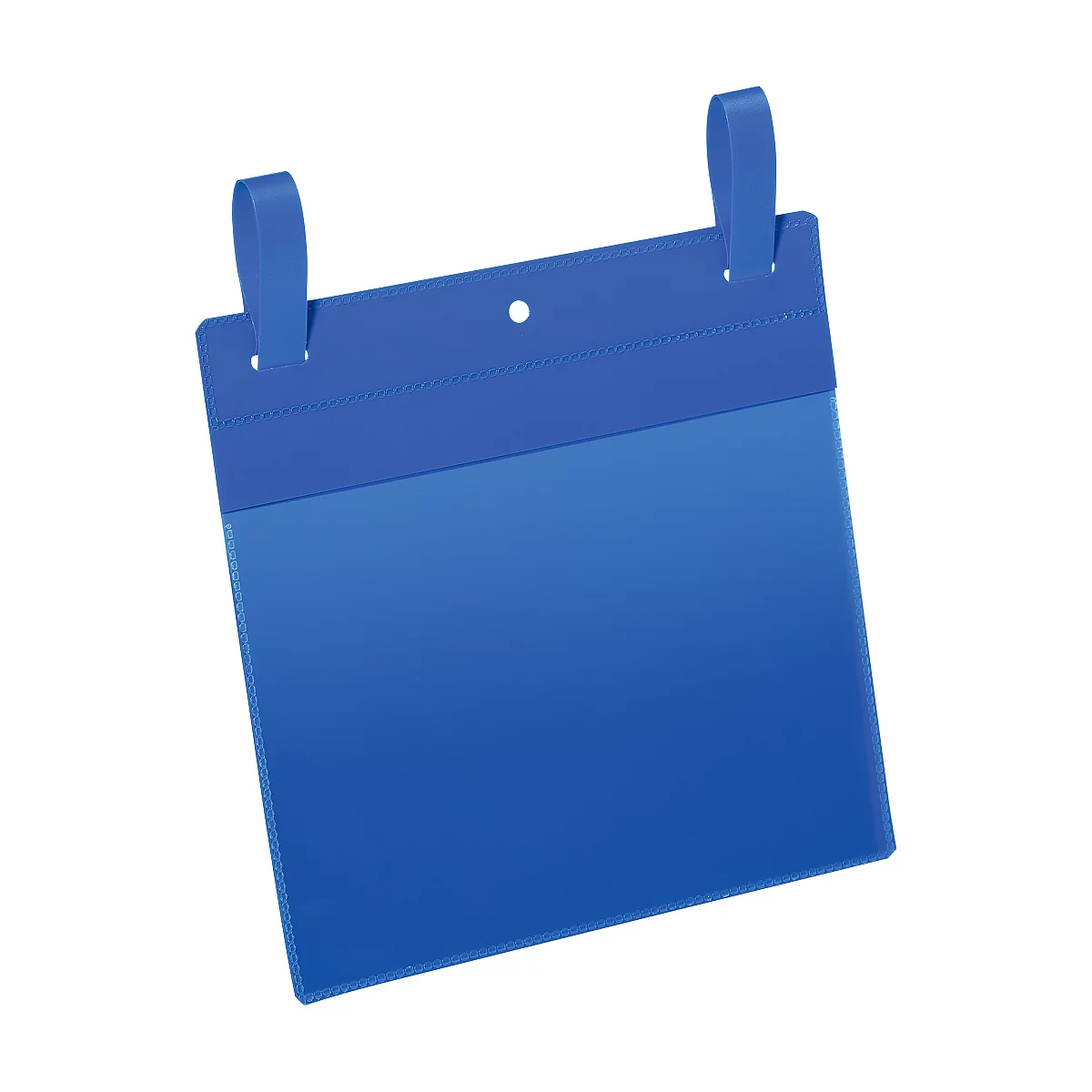 Blaues Dokumentenschild mit Aufhängungen, Vorderseite spiegelt.