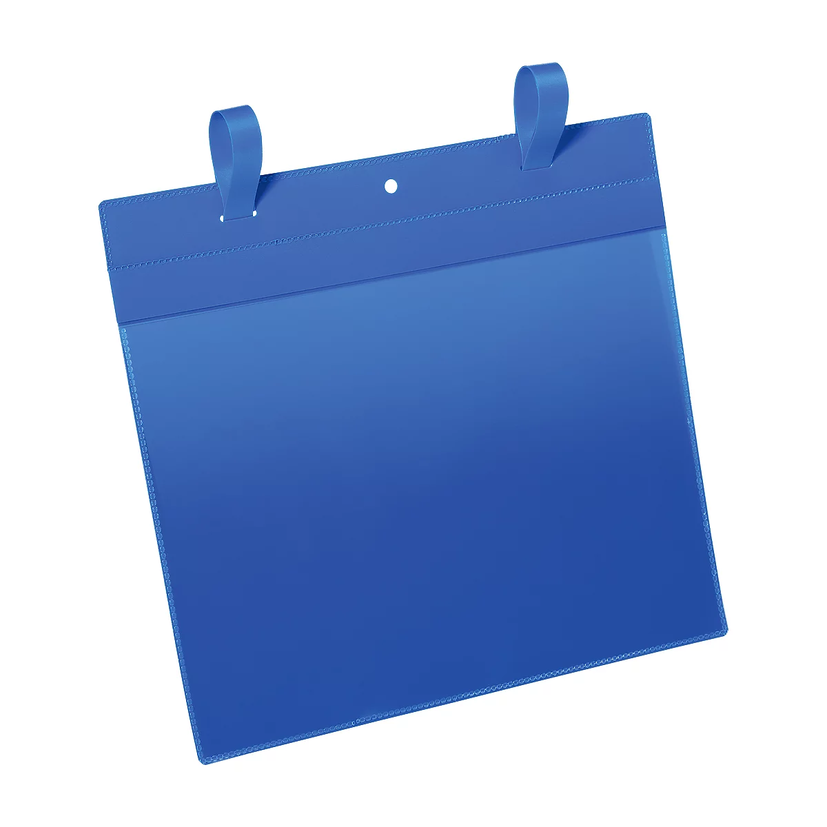 Blaues Schild mit zwei Schlaufen oben, ein Loch darüber. Geeignet für das Anbringen an einer Wand.