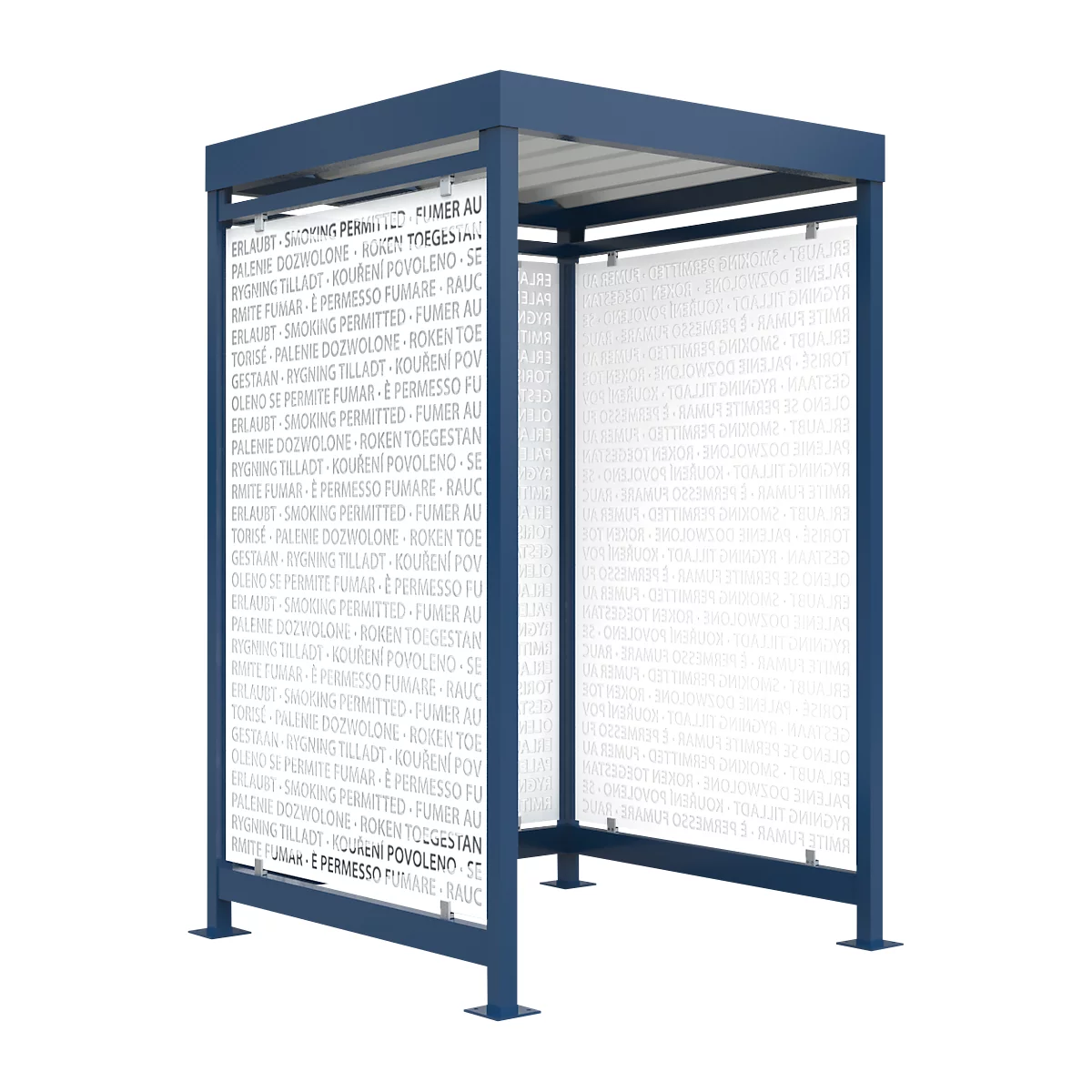 Blue bus shelter with transparent walls with the words "Smoking permitted" in different languages.