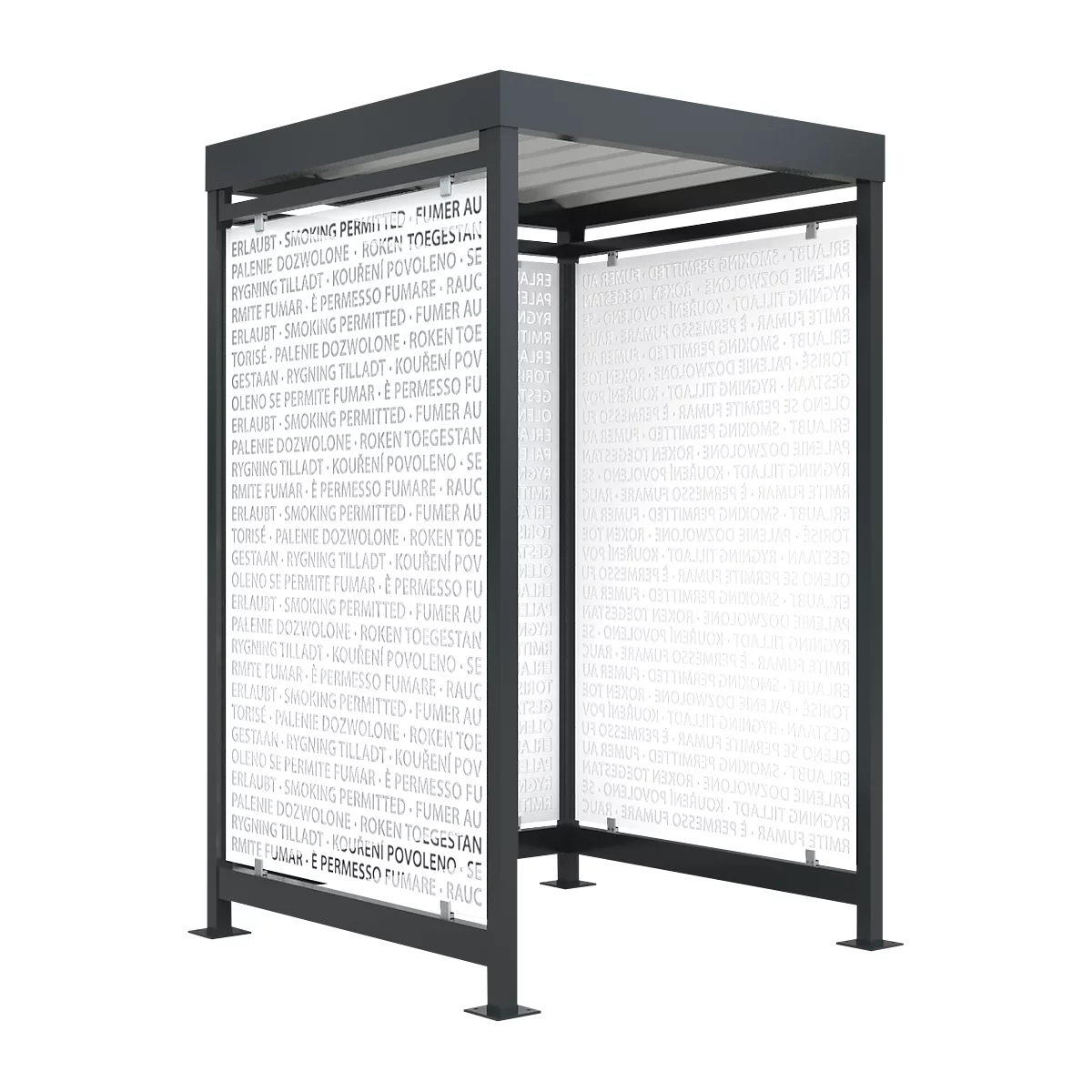A gray shelter with glass walls that display "Smoking permitted" in different languages.