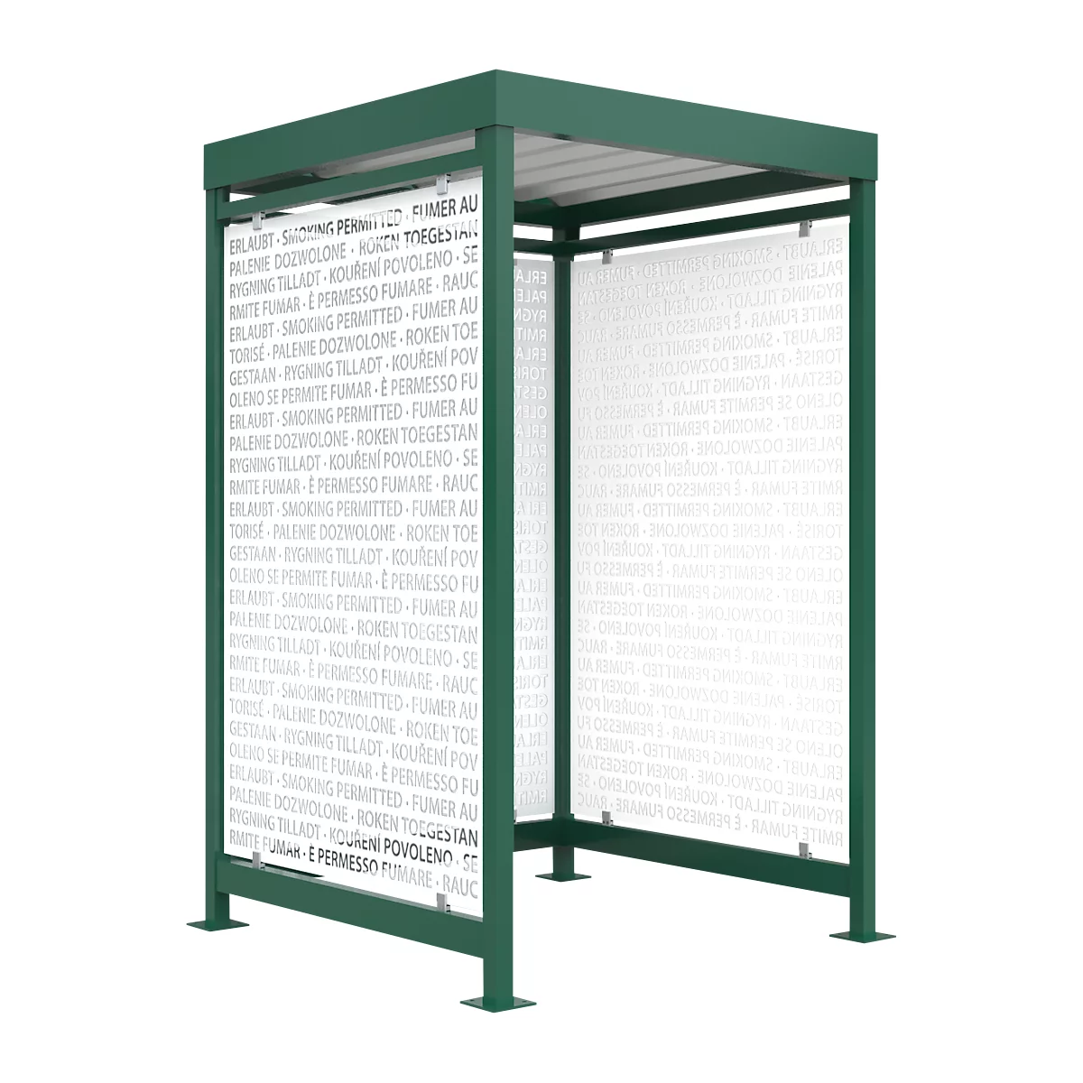 Green bus shelter with text in multiple languages on the glass panels, stating smoking is permitted.