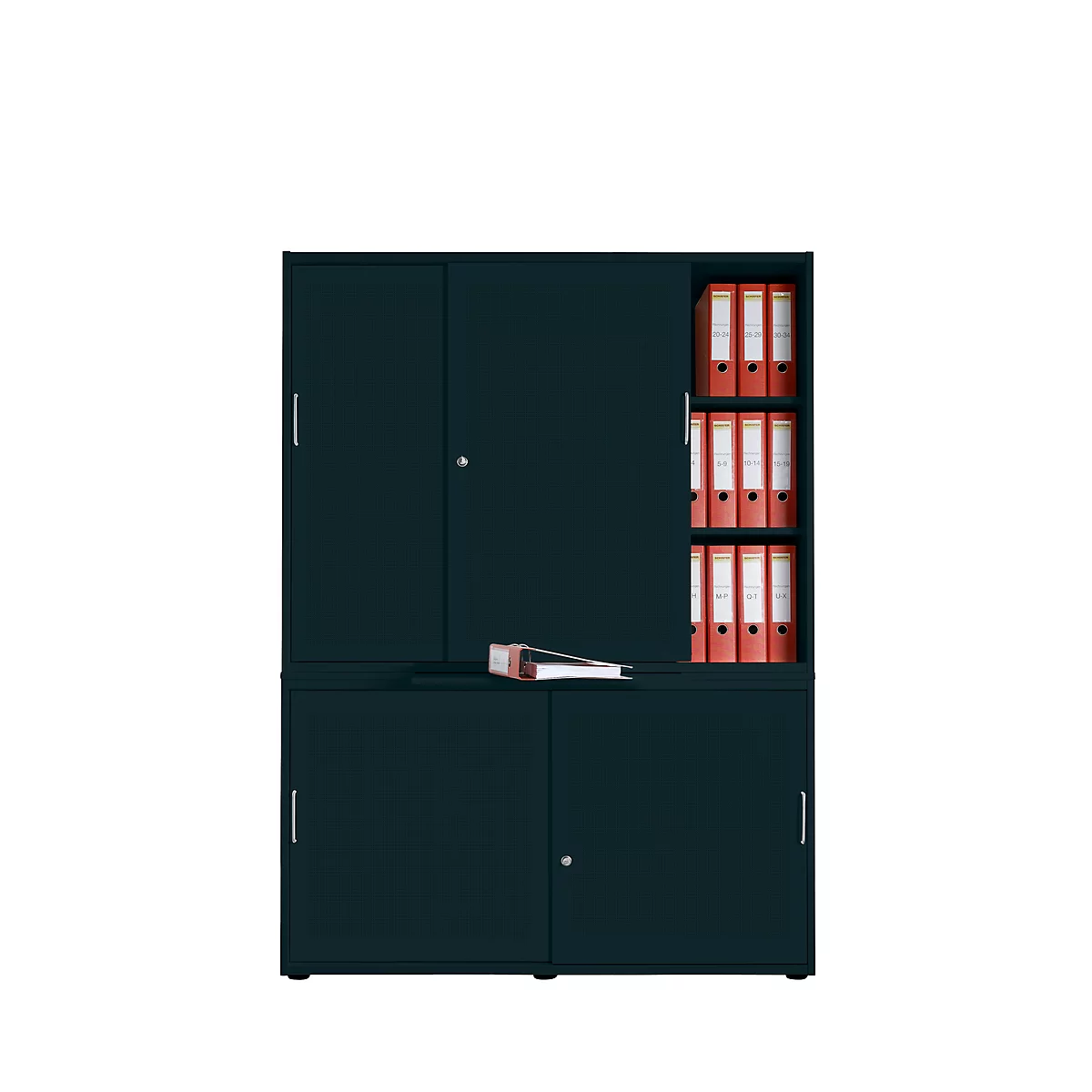 Dark blue office cabinet with folders. Doors at top and bottom, open shelf on the right. Some folders on the shelf.