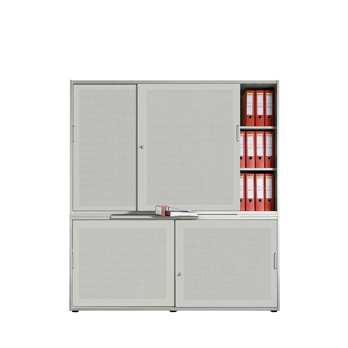 Gray filing cabinet, sliding doors at top and bottom, open compartments on the right with folders.