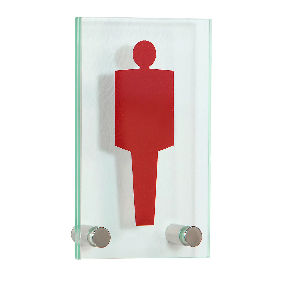 Red pictogram man toilet sign on glass plate, fixed to the wall.