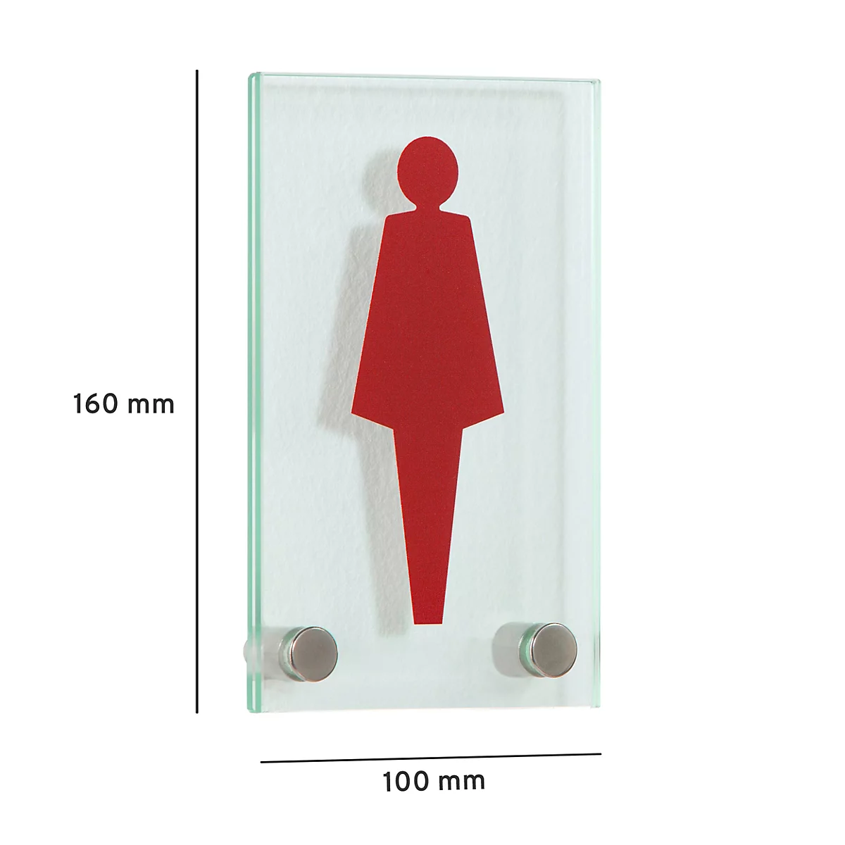 Glass women's toilet sign with red figure and brackets.