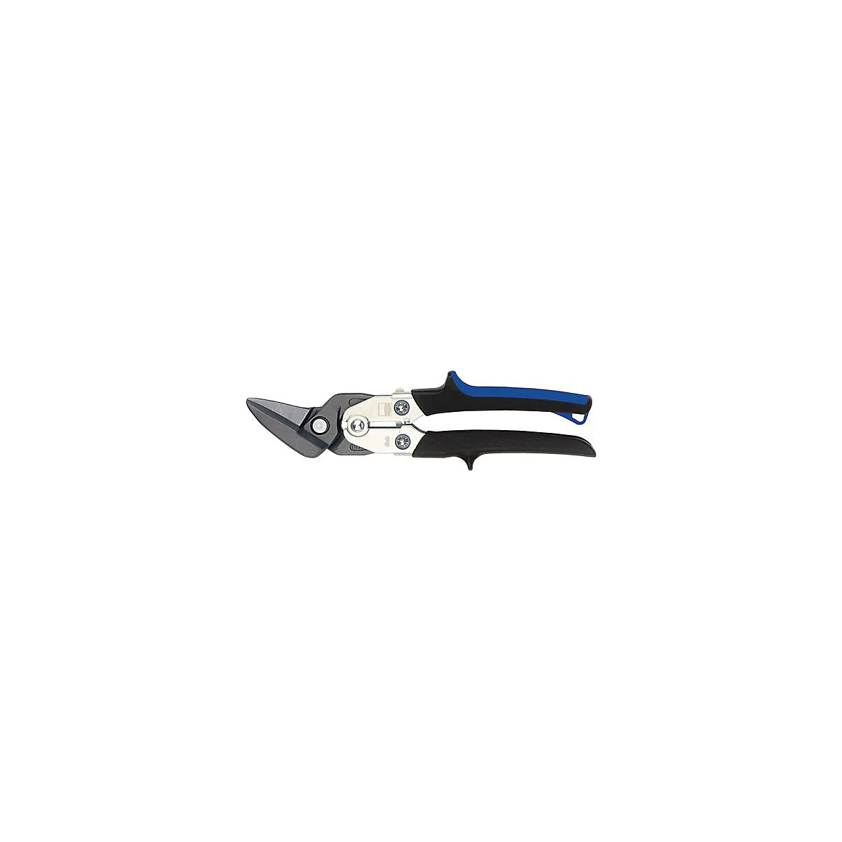Metalen schaar met zwarte en blauwe handgrepen. De bladen zijn grijs, het gereedschap is gedetailleerd.