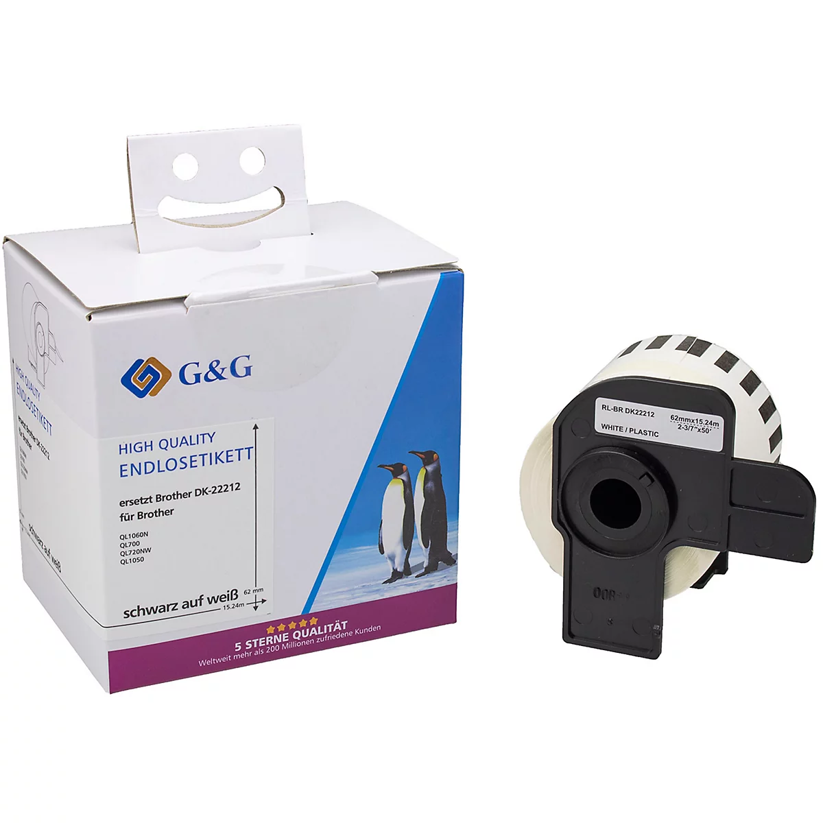 Een verpakking met een uitsparing waarin een label zit en een aparte labelrol op een witte achtergrond.