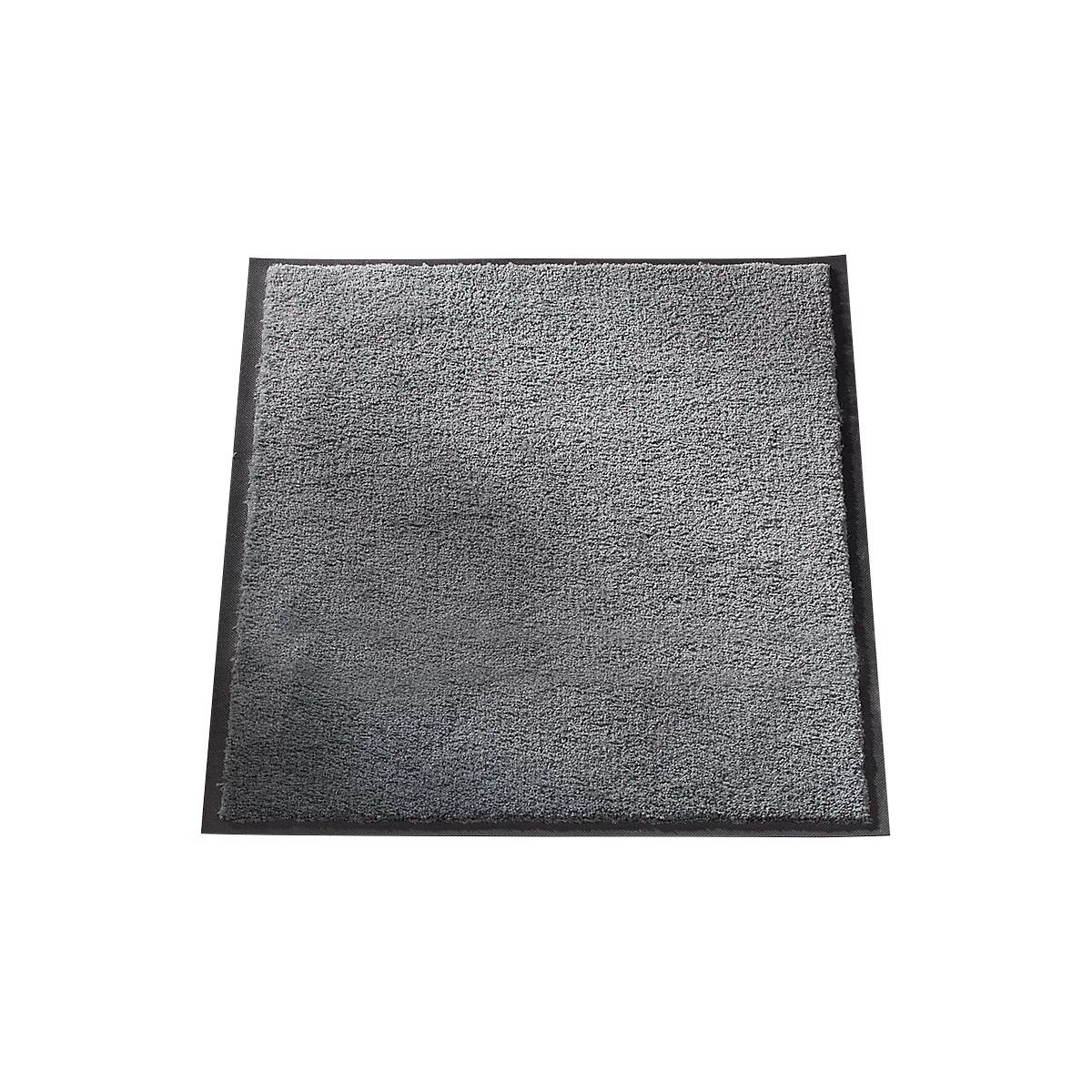 Grey, rectangular doormat with a black border. The surface is textured.