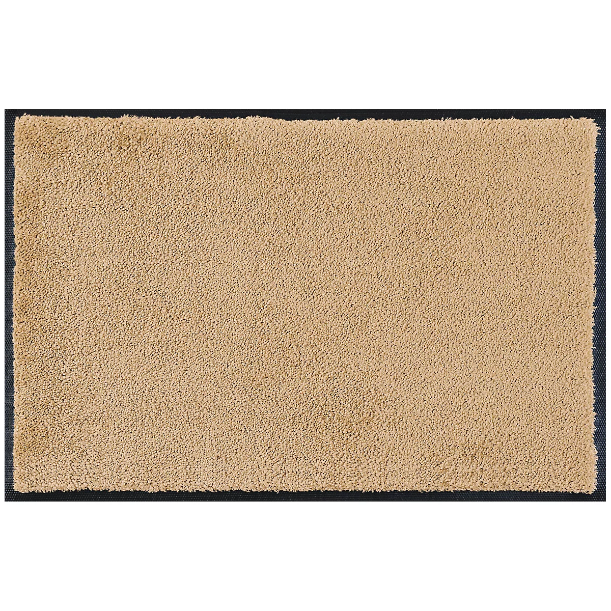 Rectangular, beige rug with black border.