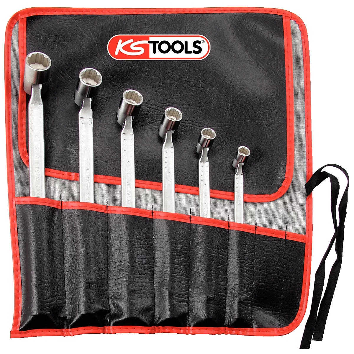 Ein Satz Steckschlüssel in einer schwarzen Aufbewahrungstasche mit roter Umrandung. Oben befindet sich ein Logo von KS TOOLS.
