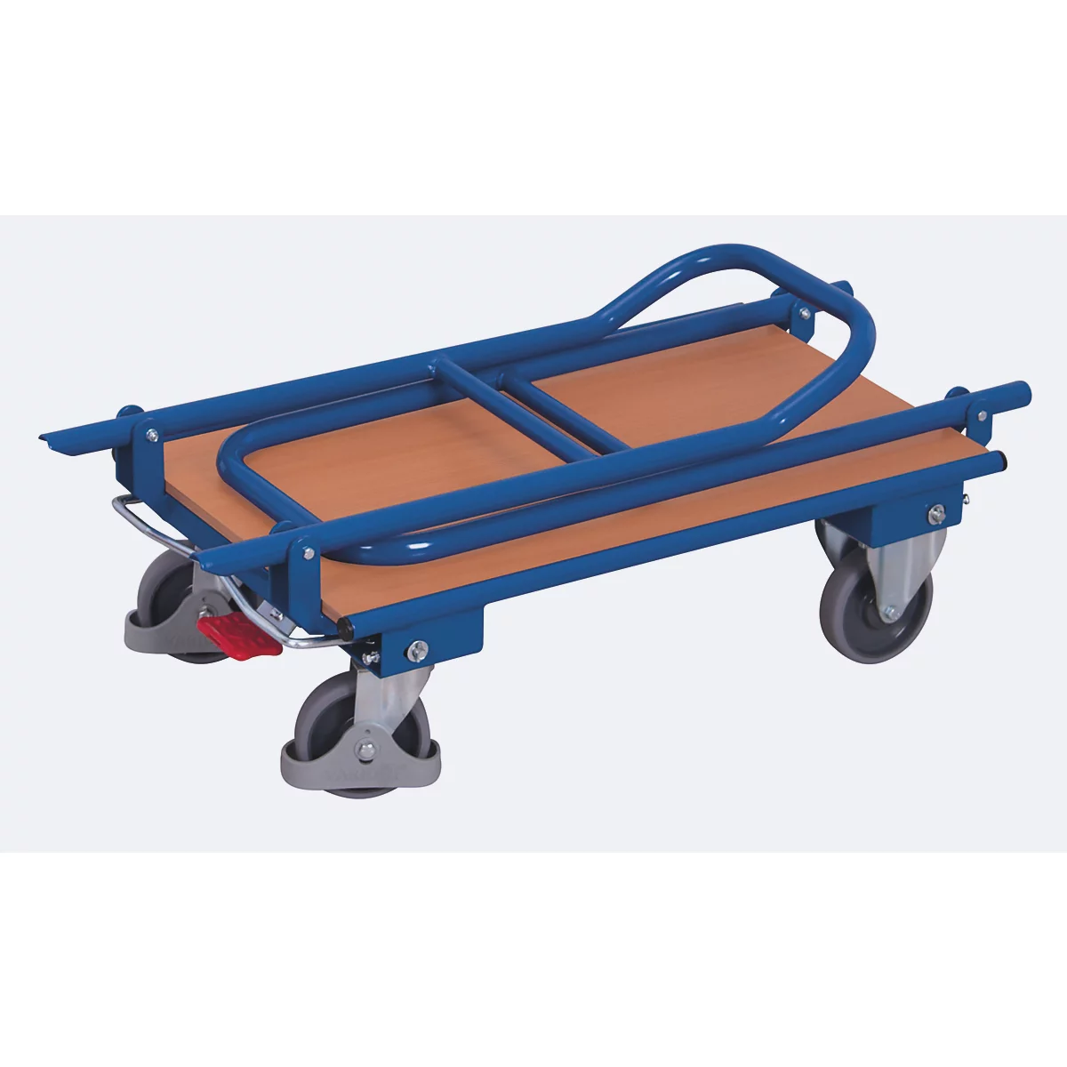 Doppel-Klappbügelwagen, Stahl/MDF-Platte, Enzianblau/Buche-Dekor, L 720 x B 450 mm, klappbare mit Querstrebe, TPE-Rollen mit EasySTOP, bis 150 kg