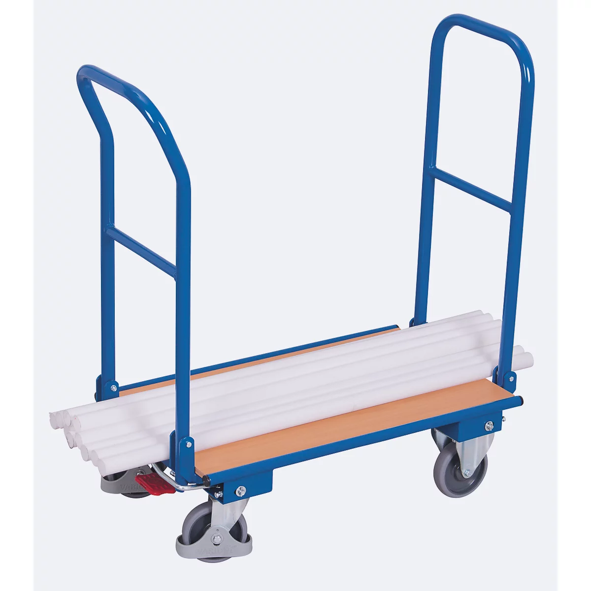 Doppel-Klappbügelwagen, Stahl/MDF-Platte, Enzianblau/Buche-Dekor, L 720 x B 450 mm, klappbare mit Querstrebe, TPE-Rollen mit EasySTOP, bis 150 kg
