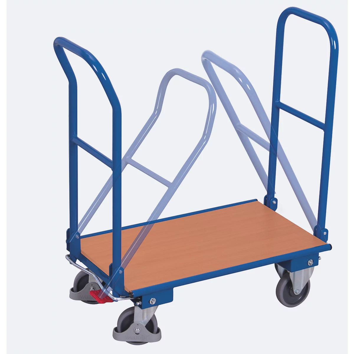 Doppel-Klappbügelwagen, Stahl/MDF-Platte, Enzianblau/Buche-Dekor, L 900 x B 600 mm, klappbare mit Querstrebe, TPE-Rollen mit EasySTOP, bis 250 kg